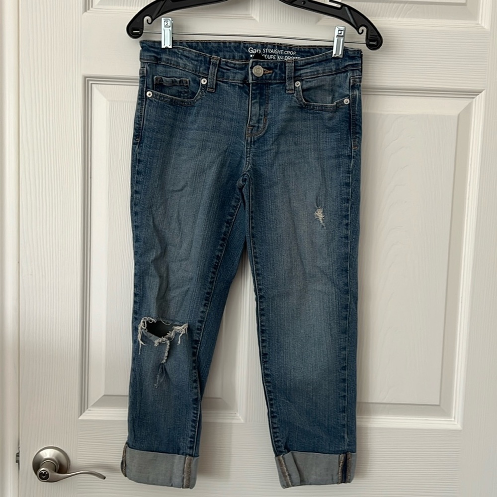 Gap Straight Cuffed Distressed Crop Jeans Size 4/27 EUC